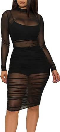 LYANER Women's Mesh Dress Long Sleeve Bodycon 3 Piece Outfits with Cami Shorts